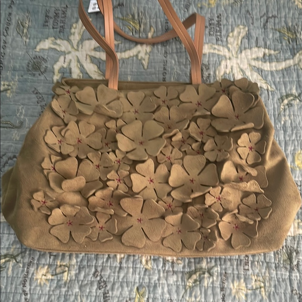 BCBG Floral Suede Tote/Leather Straps